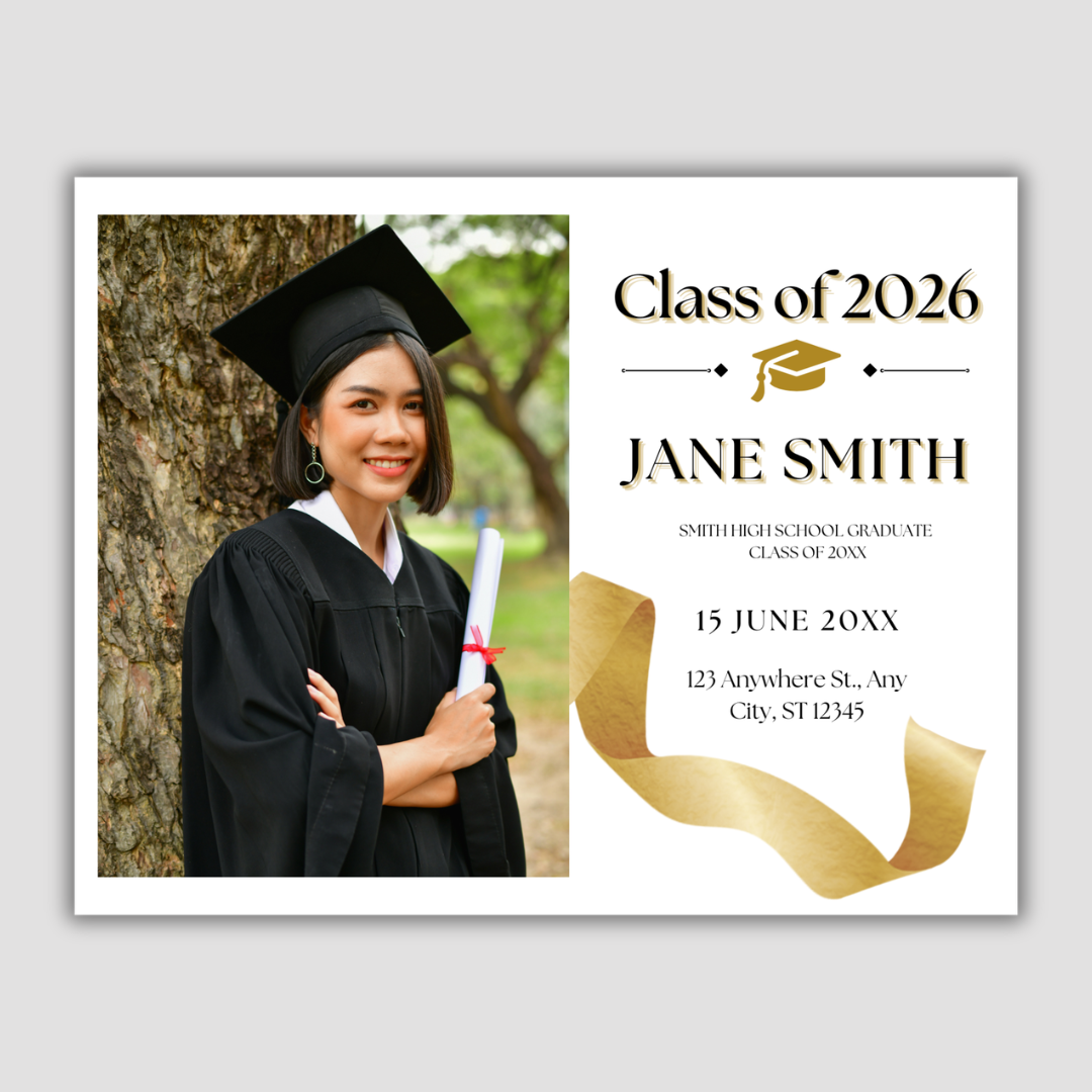 Graduation Invitation Postcard (Gold & White)